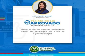 Institui o Dia do Doador no calendário Oficial do Municipio de Olho D'água do Borges/RN.