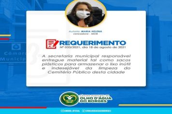 Requerimento para disponibilizar embalagens para armazenar lixo inútil e indesejavel do Cemitério Público.